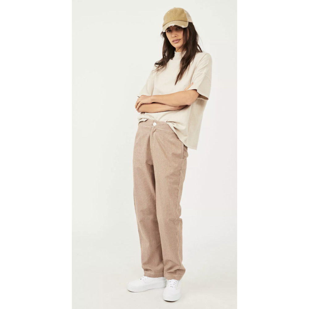 Free People Kate Micro Plaid Straight Leg Pants Orange White Medium NWT